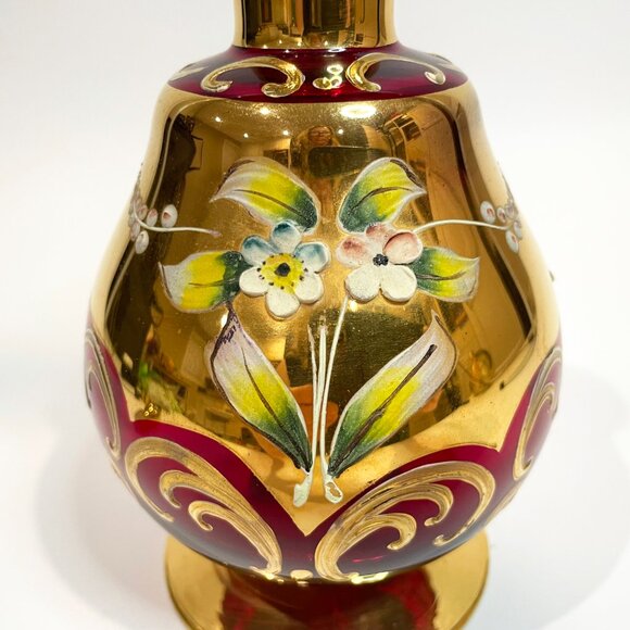 Vintage Bohemian Glass Ruby Red Gold Decanter 5" x 9.25" 1960's - Picture 5 of 11